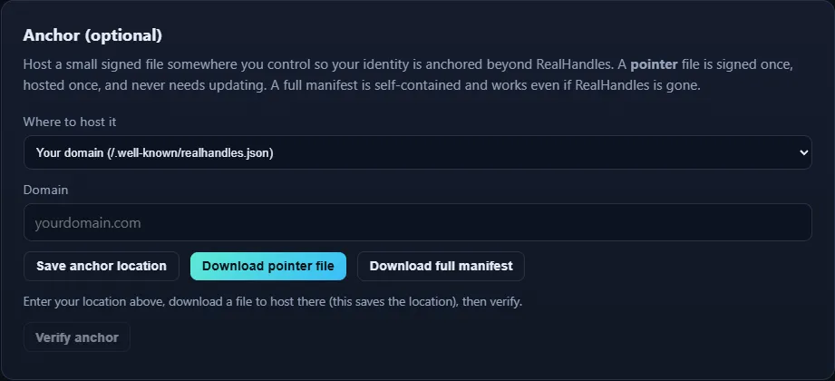 The anchor panel, offering a domain or a GitHub Gist as the host