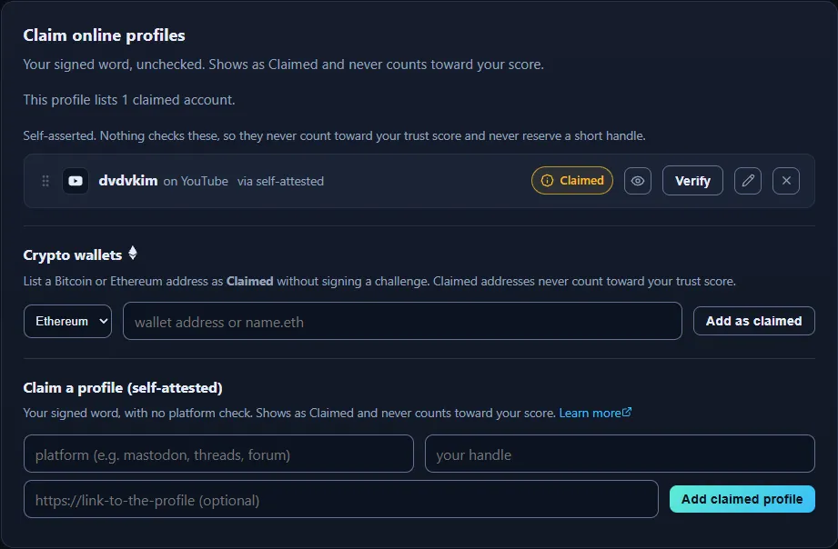 The Claim tab on realhandles.com, listing claimed profiles and offering to add one