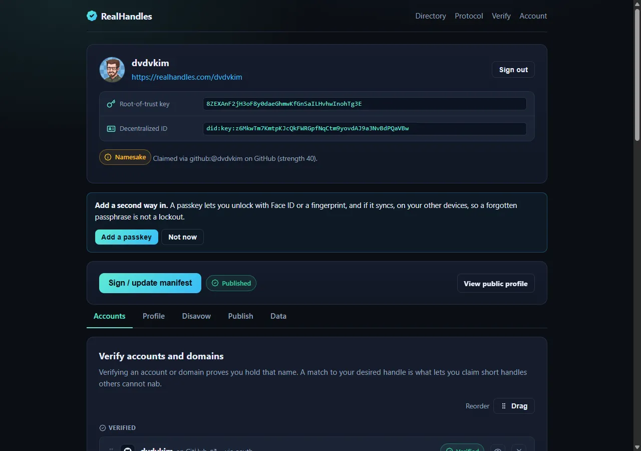 The RealHandles dashboard with the key unlocked, showing the sign button and the Accounts, Profile, Disavow, Publish and Data tabs