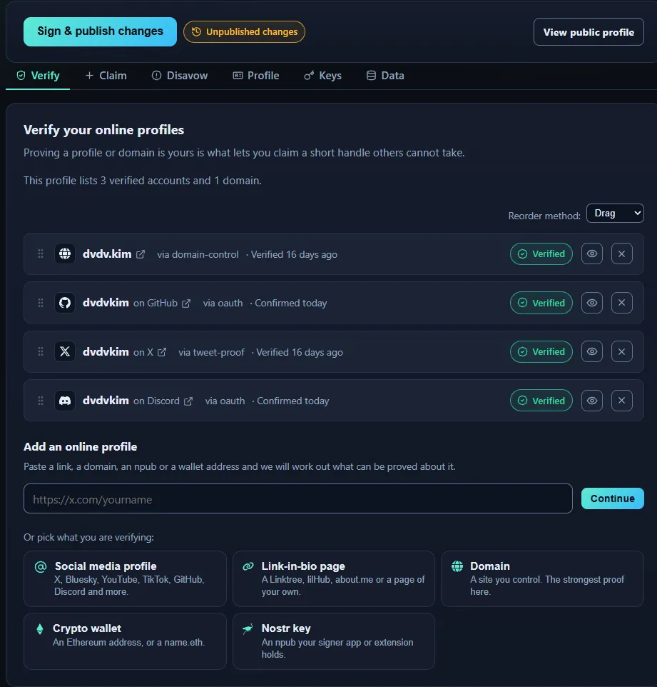 The RealHandles dashboard, showing the sign button and the Verify, Claim, Disavow, Profile, Keys and Data tabs