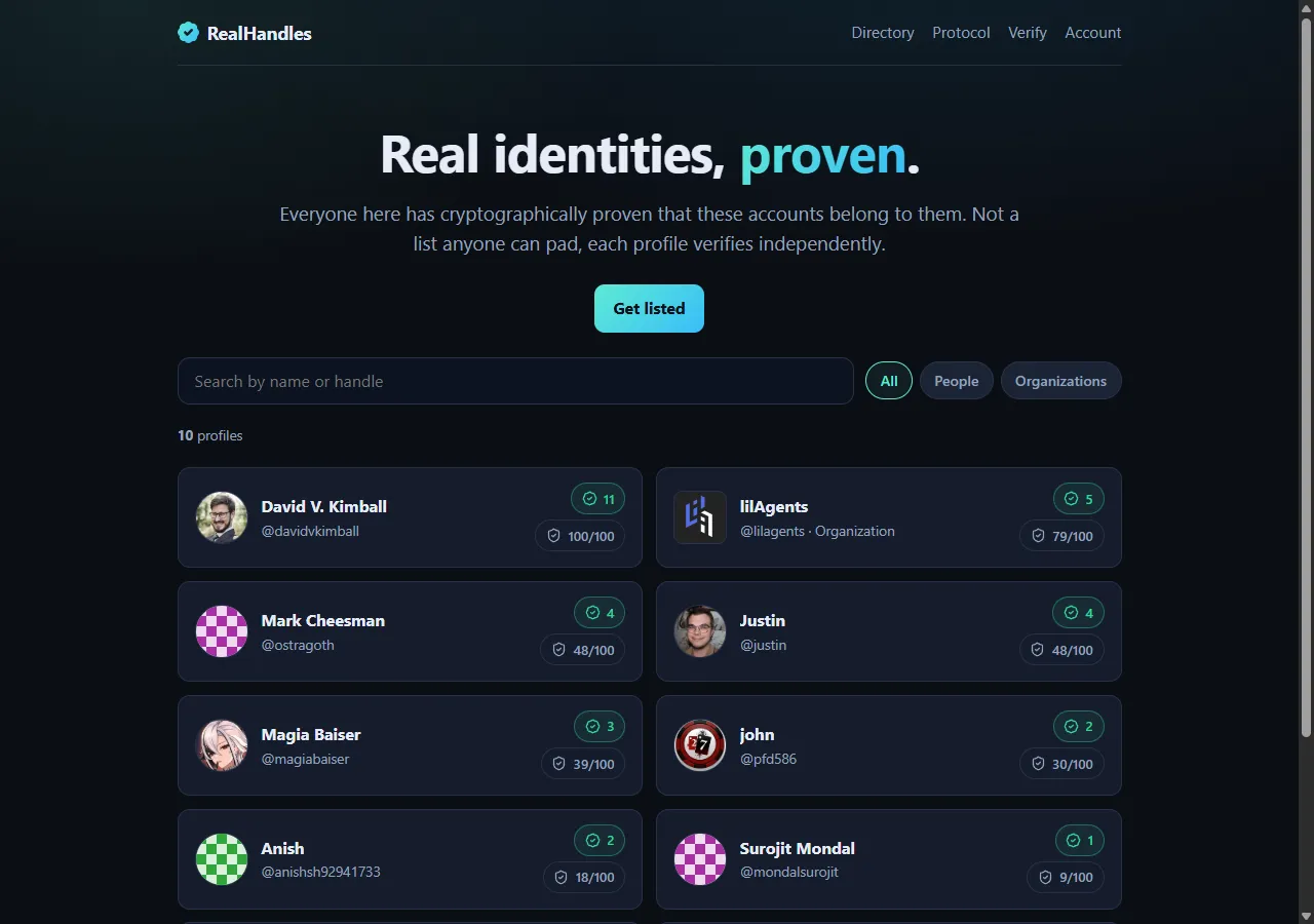 The RealHandles directory, listing published identities