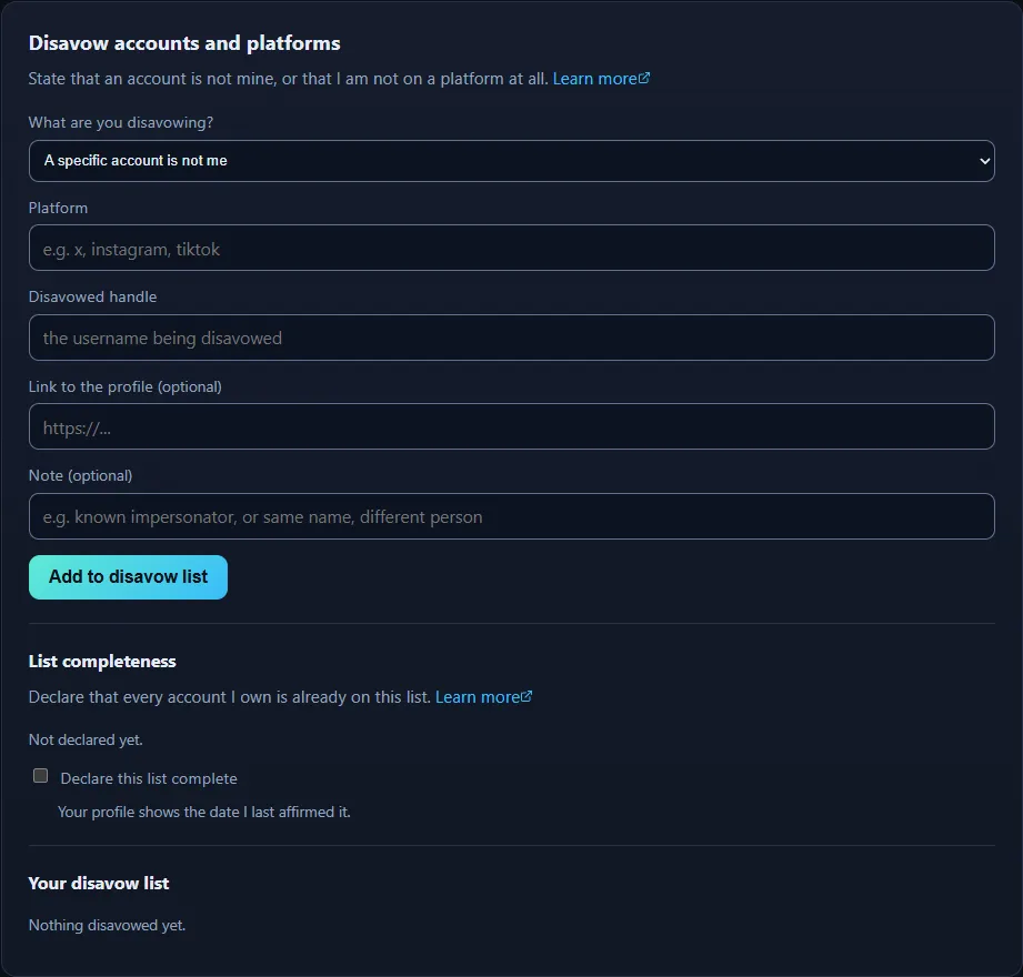 The disavow panel, for stating publicly that an account is not you