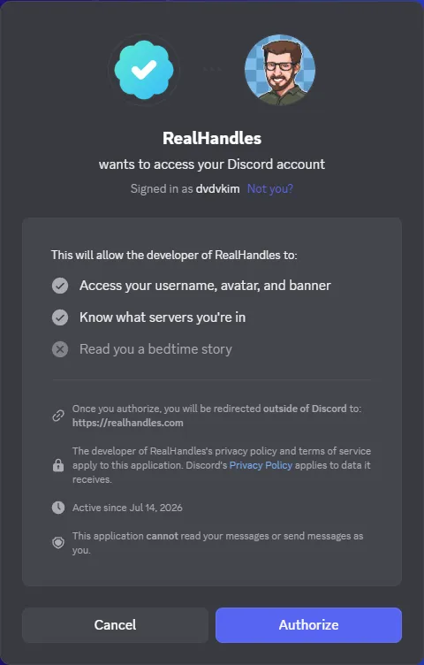 The Discord consent screen, listing what RealHandles can and cannot see