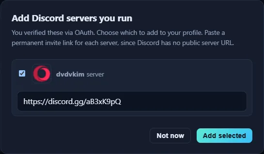 The Discord server picker, asking for a permanent invite link