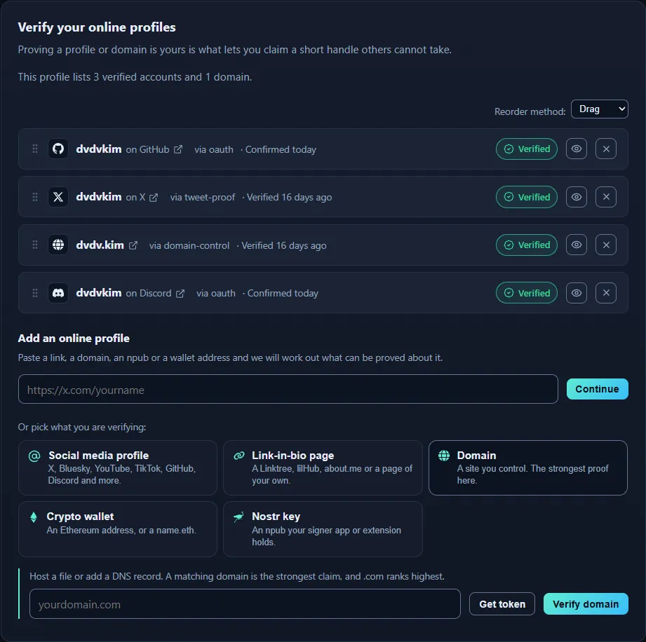 The domain verification step, showing the challenge token to publish