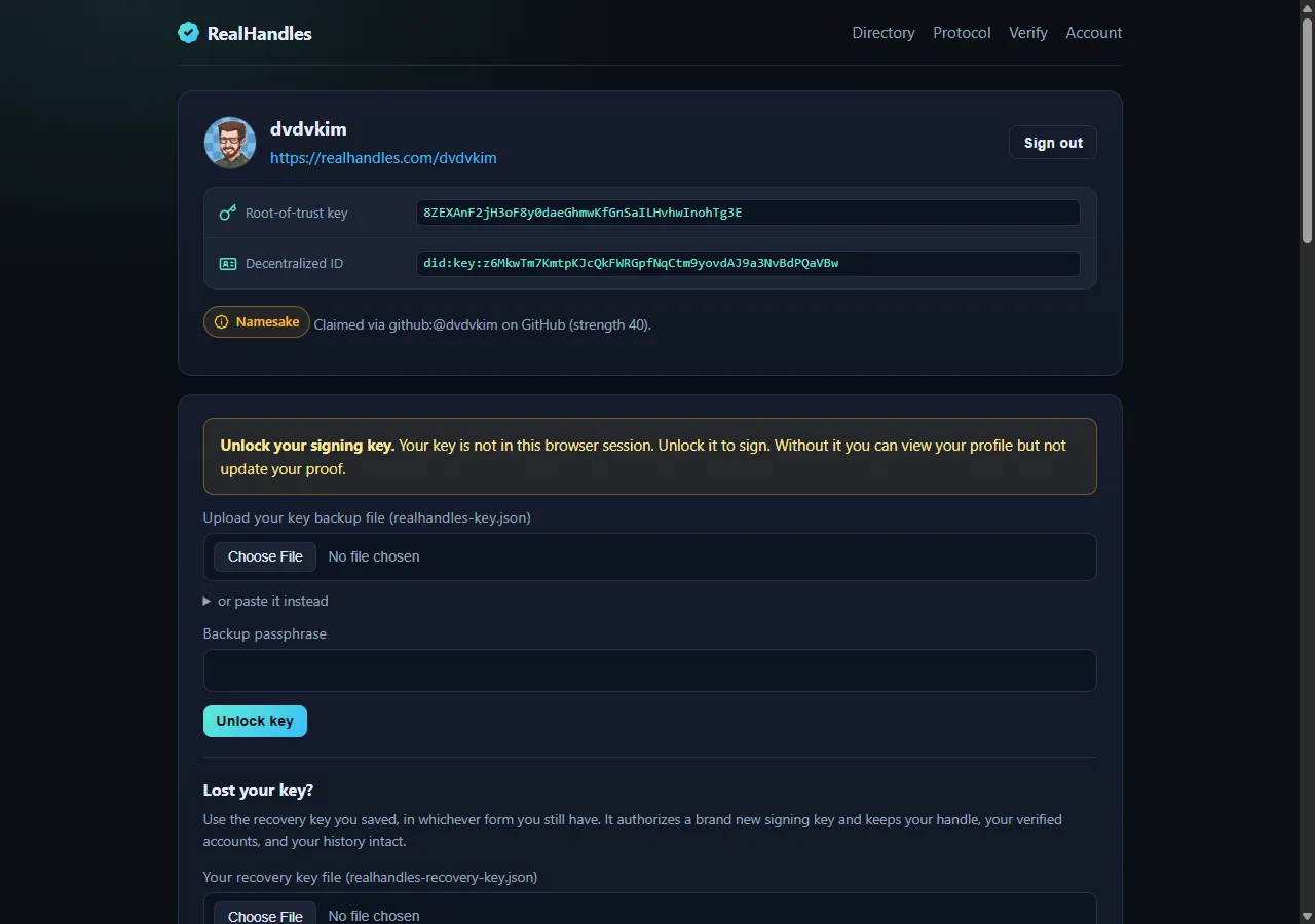 The RealHandles dashboard with the signing key locked, offering a backup file, a passphrase, and a separate recovery key path
