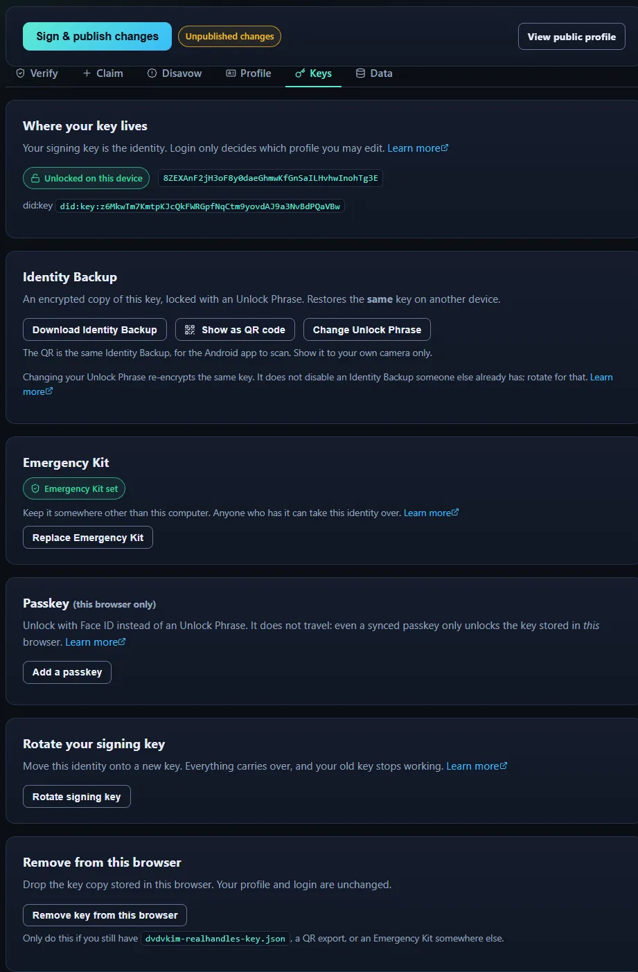 The Keys tab on realhandles.com: where the key lives, the Identity Backup, the Emergency Kit, a passkey, rotation, and removing the key from this browser