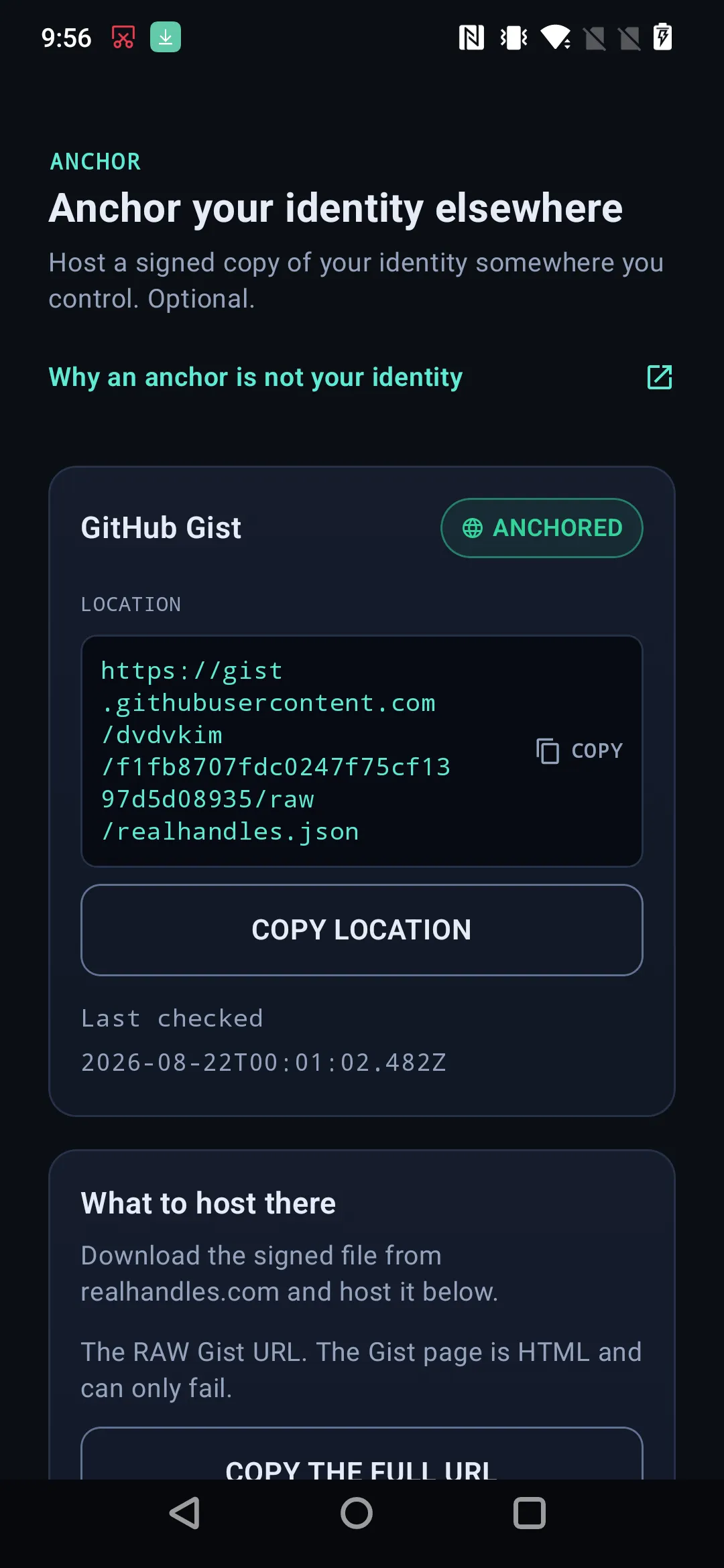 The anchor screen, for hosting a signed pointer somewhere you control