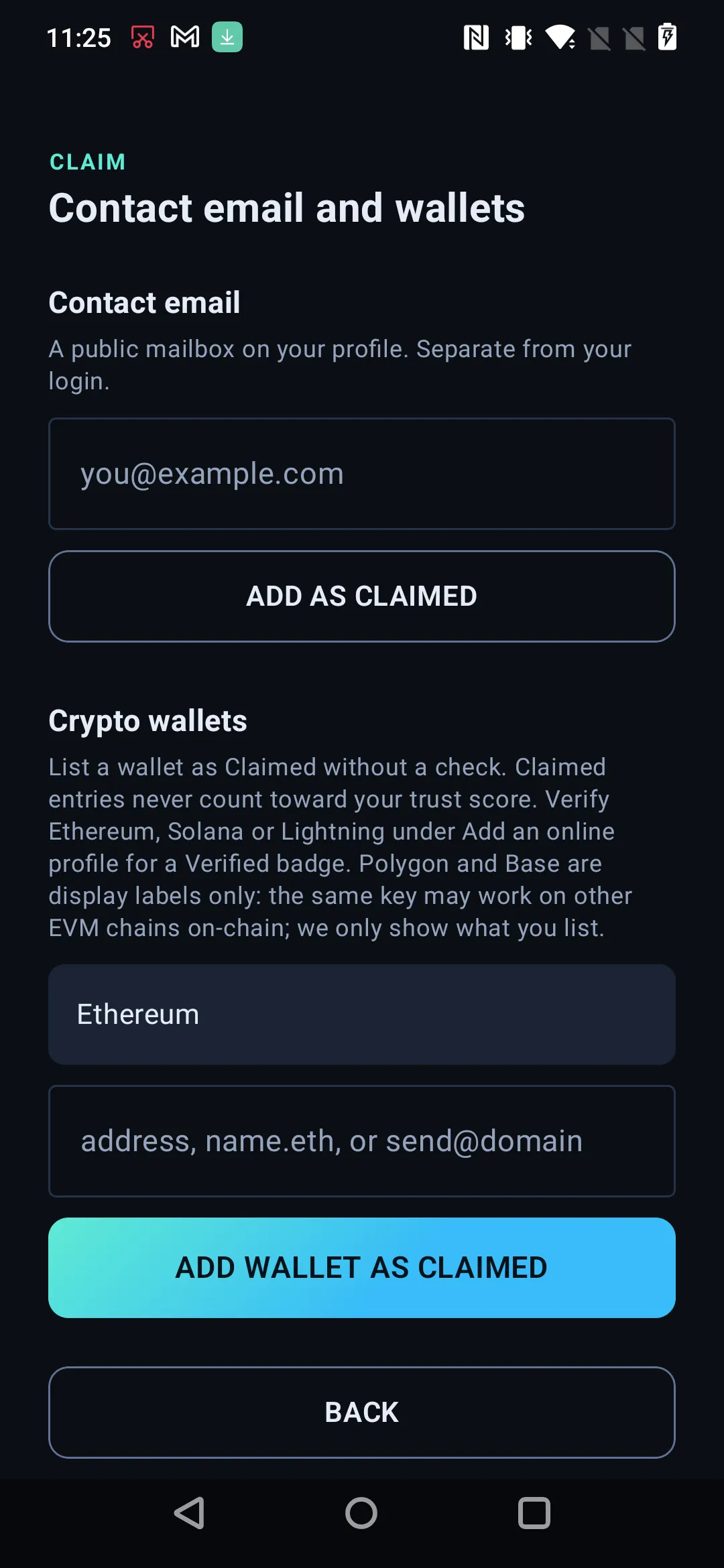 Contact email and the wallet picker on Android