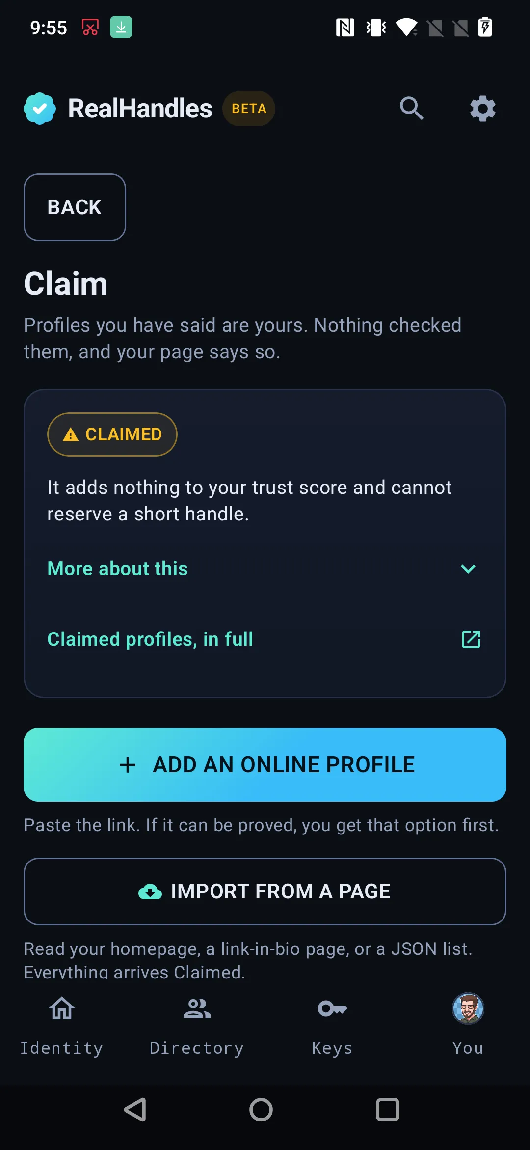 The Claim section, listing self-attested accounts