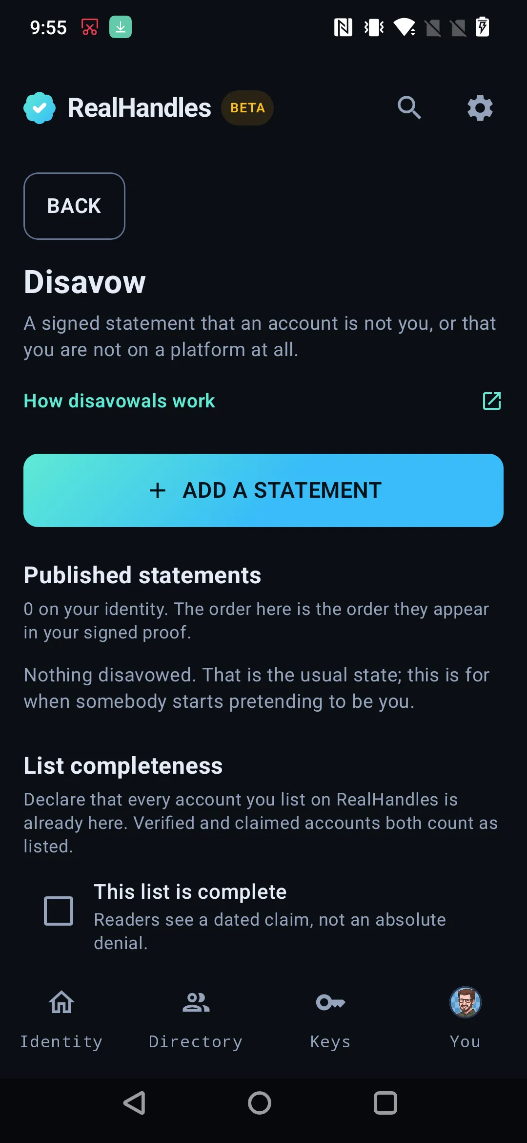 The Disavow section, for stating publicly that an account is not you