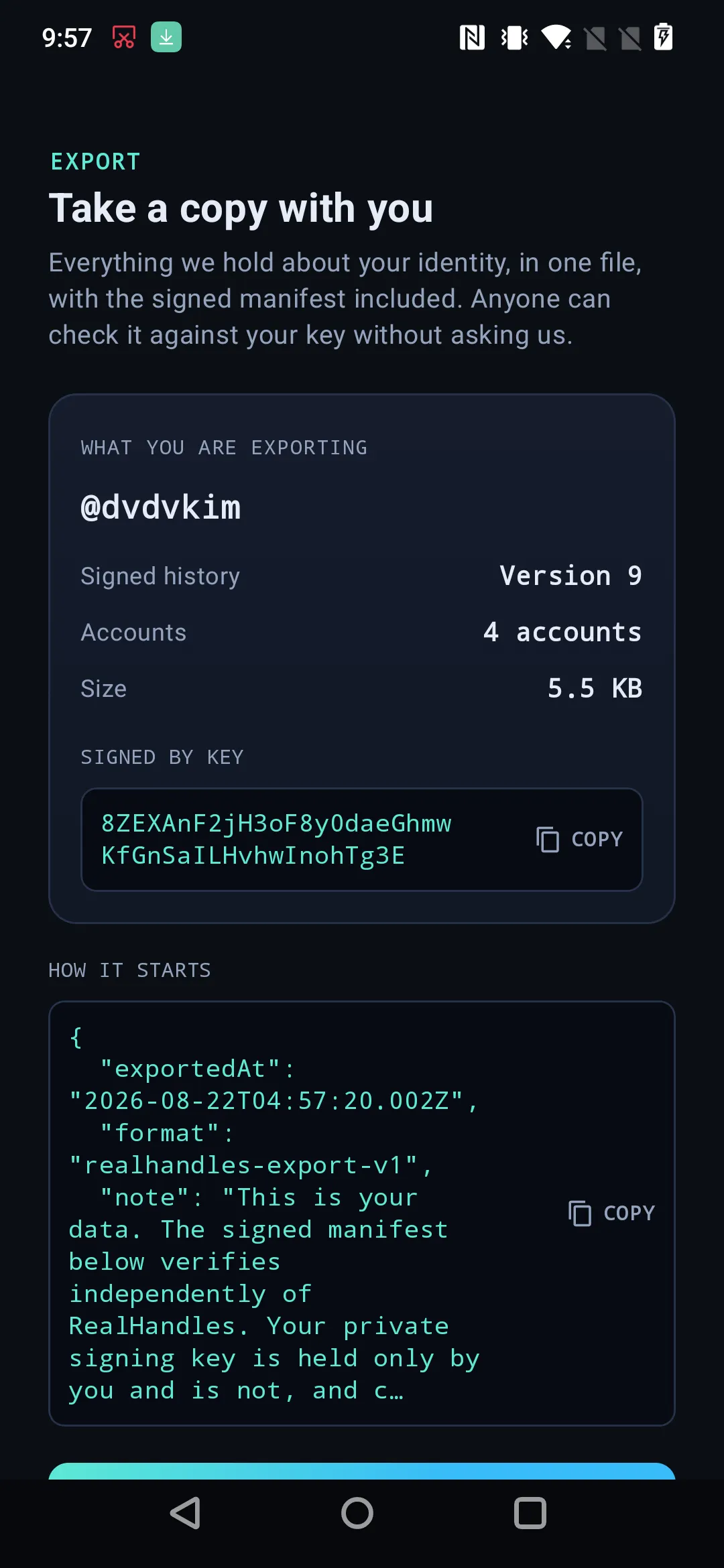 The export screen, offering to save or share the signed JSON
