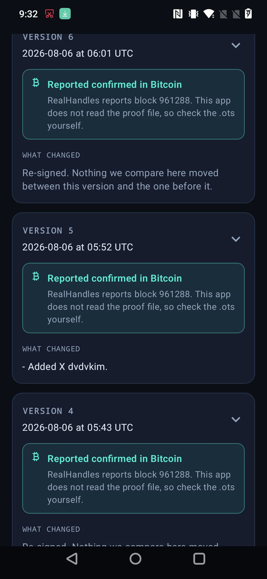 The signed history on Android, one entry per published version