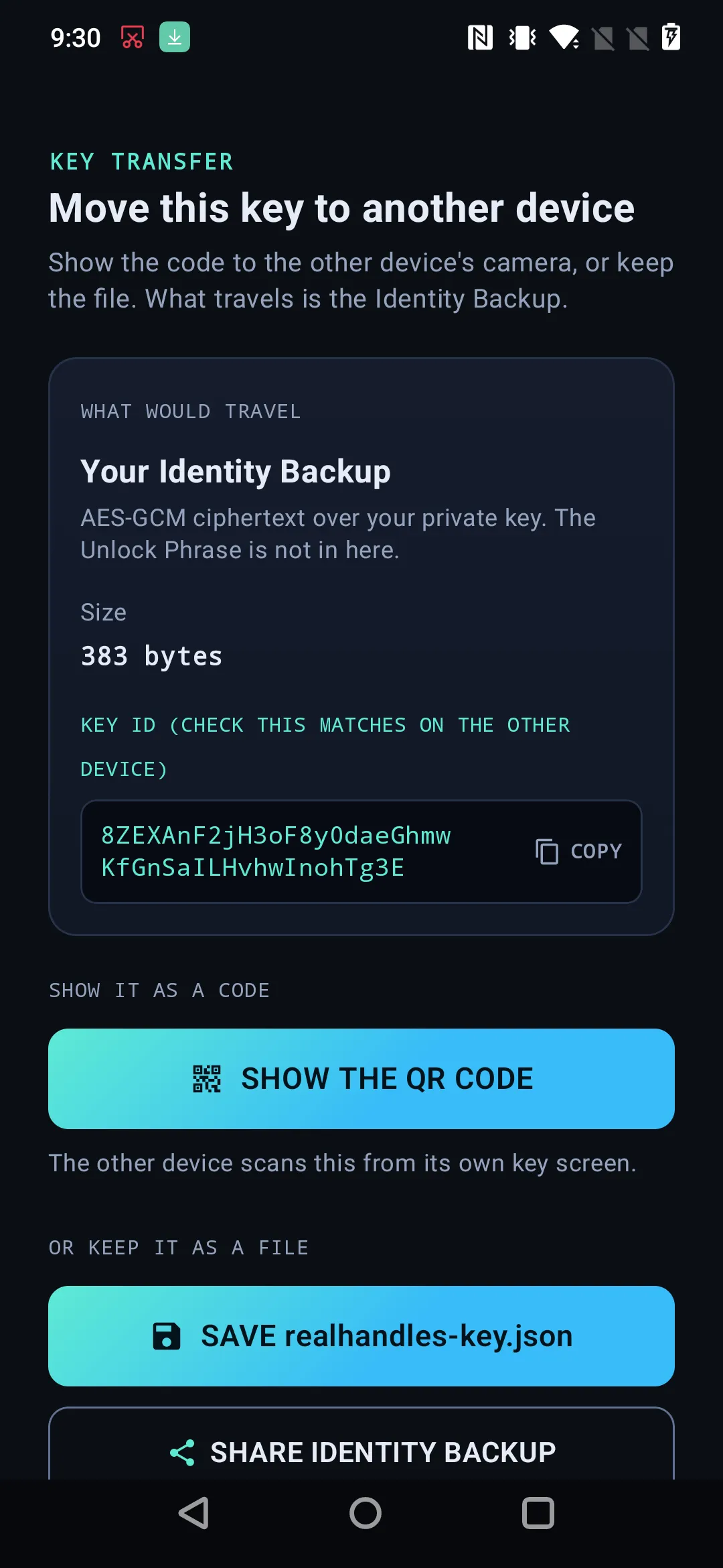 The key transfer screen, offering the Identity Backup as a QR code or a file