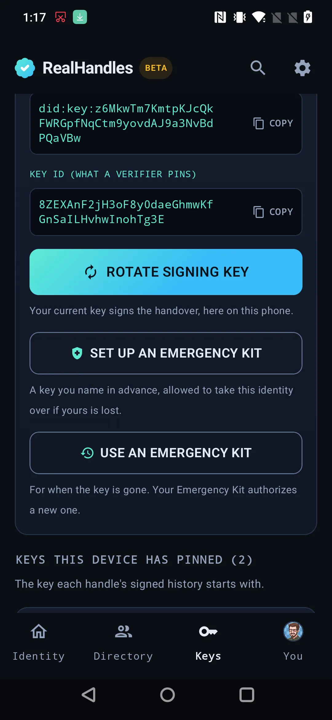 The Keys tab on Android, with Rotate signing key, Set up an Emergency Kit and Use an Emergency Kit