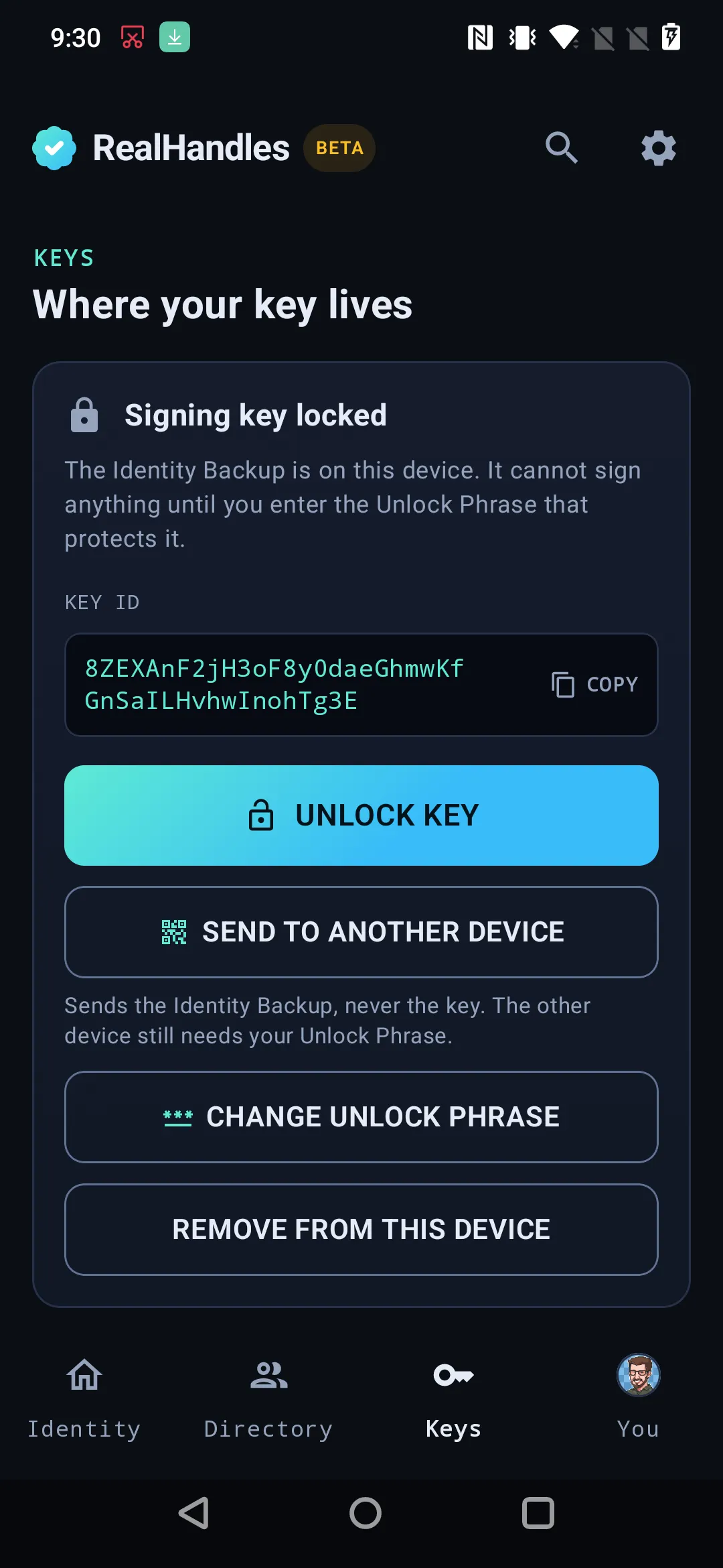 The Keys screen on Android, with the signing key locked and the Identity Backup on the device