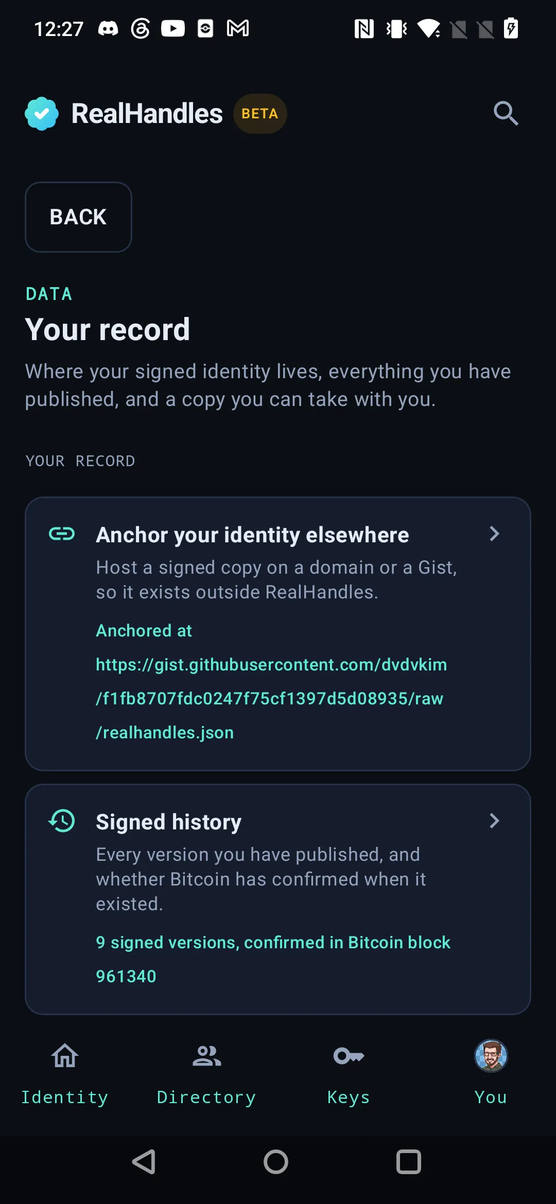 The Data section, gathering the anchor, the history, the export and the destructive actions
