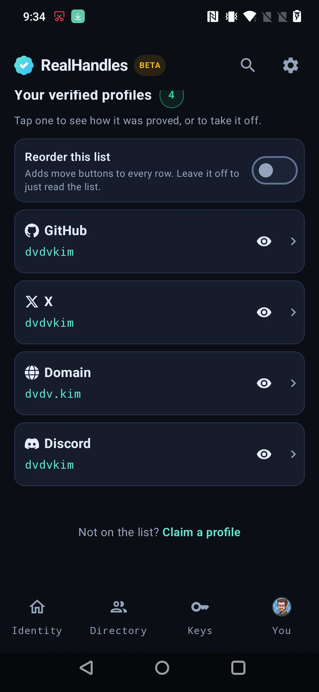 The Verify section, listing verified profiles with the reorder toggle
