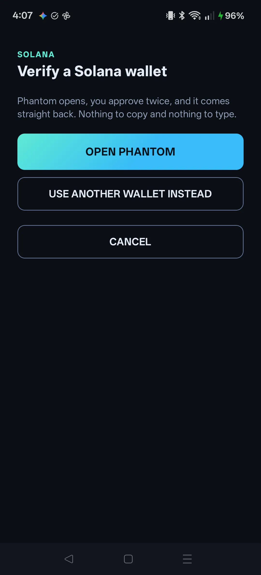 The Solana screen on Android, offering Open Phantom with paste-back underneath
