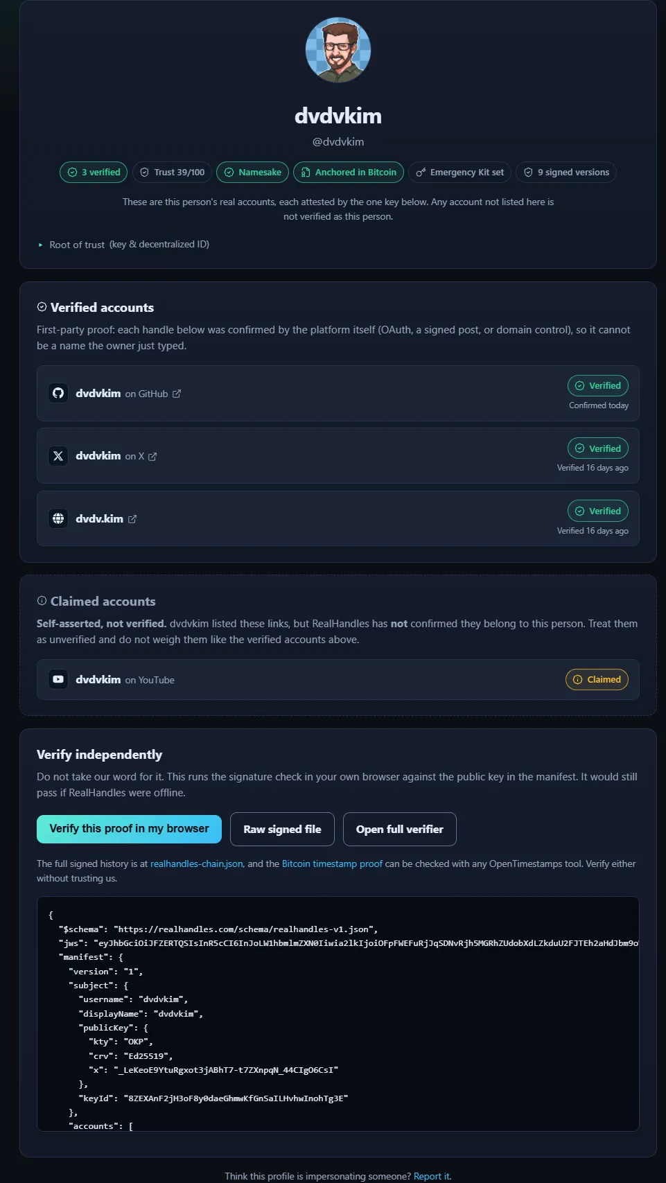 The same profile with a Verified accounts section above a Claimed accounts section, each with its own explanation