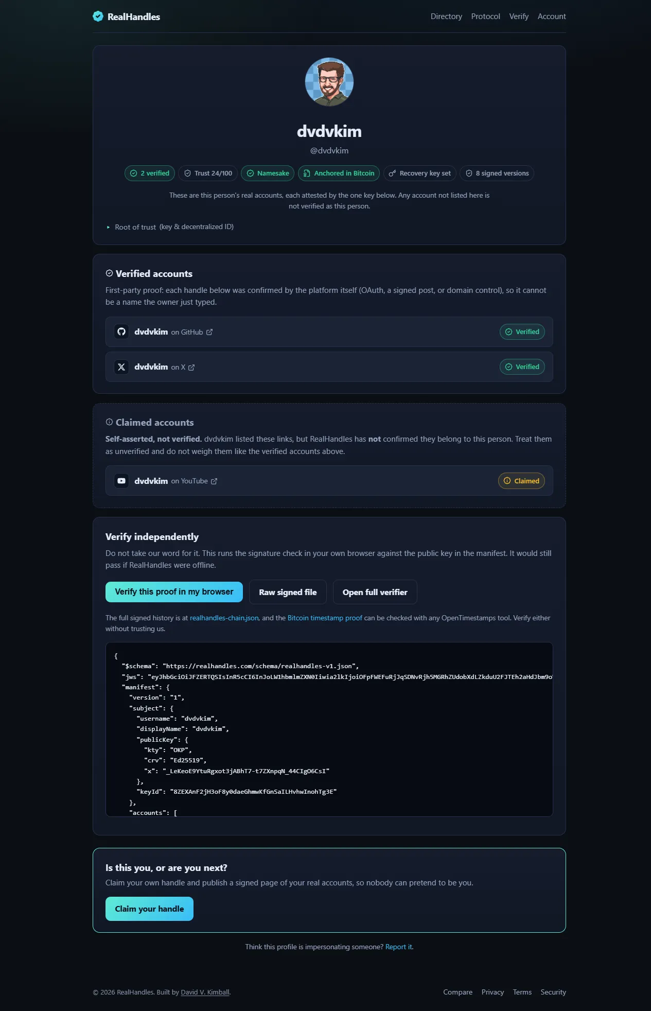 A published RealHandles profile, showing verified accounts above claimed ones