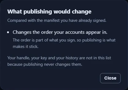 The publish preview, listing what a publish would change
