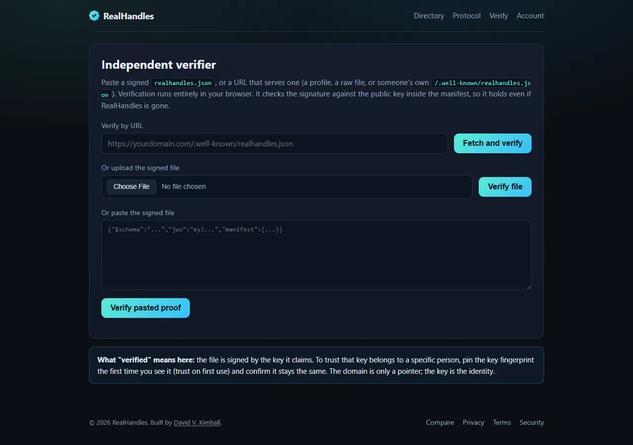 The verify page on realhandles.com, which fetches a manifest and checks its signature