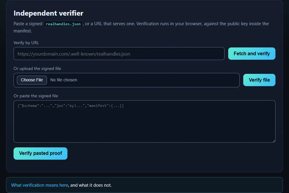 The verify page on realhandles.com, which fetches a manifest and checks its signature